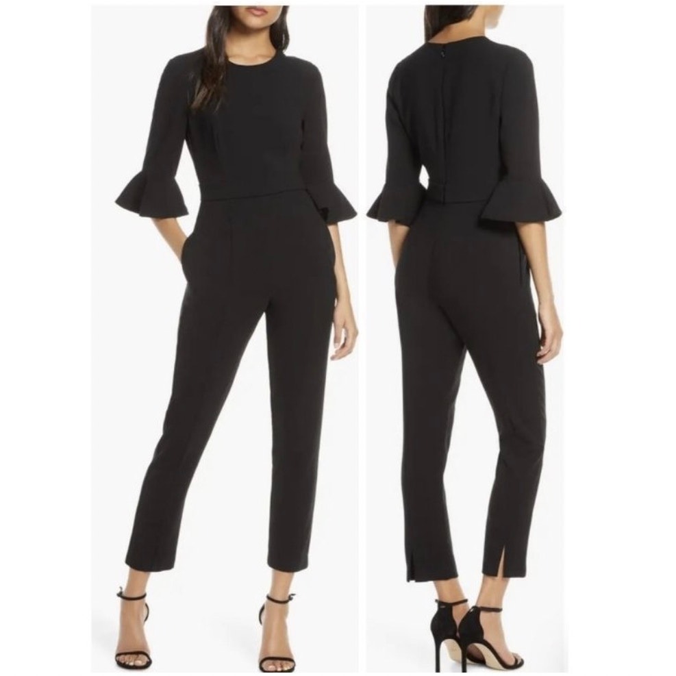 Black Halo Brooklyn Jumpsuit Ruffle 3/4 Bell Sleeve Straight Leg Formal Black